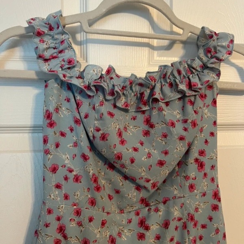 superdown Girls' Light Blue Dress with Pink Floral Ruffles - Picture 3 of 5
